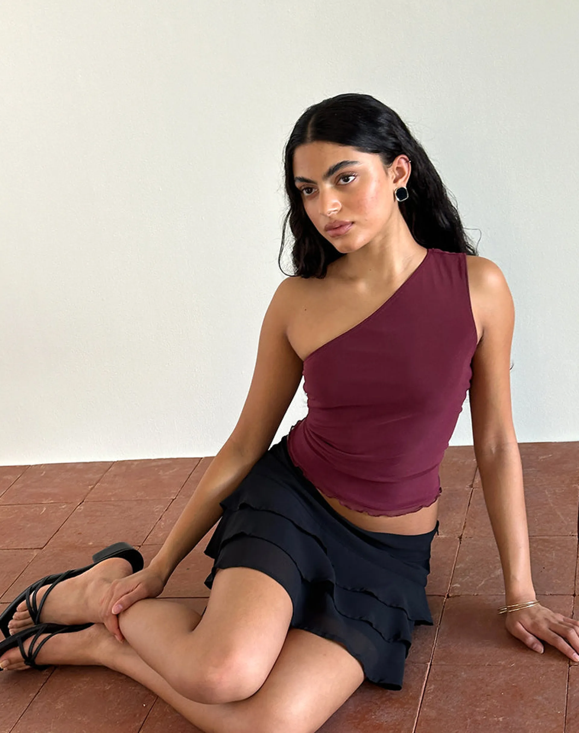 Motel Rocks Going Out Tops-Rhian One Shoulder Top in Mesh Maroon