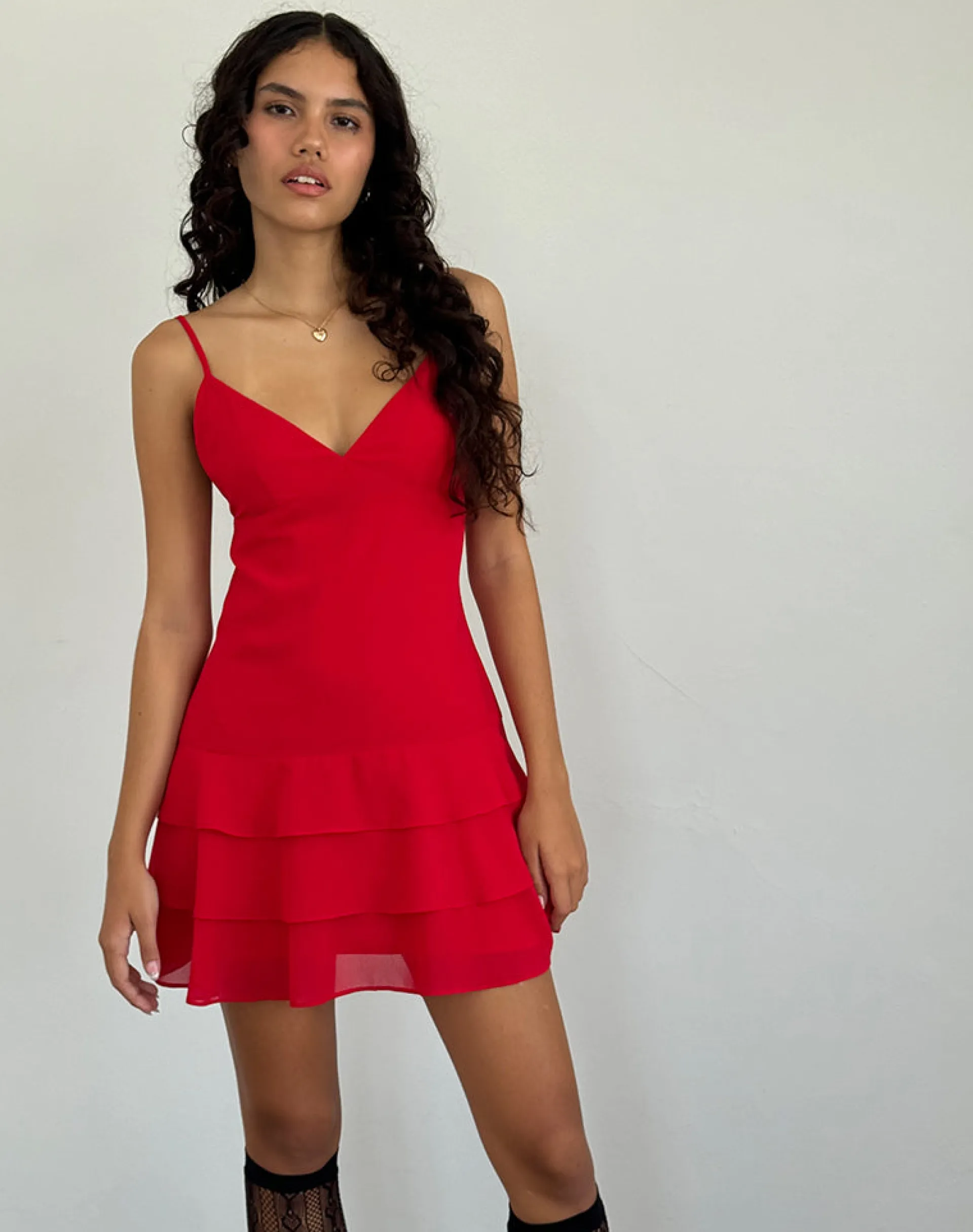 Motel Rocks Day Dresses | Bodycon Dresses-Riasi Ruffle Mini Dress in Chiffon Red ChiffonRed