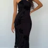Motel Rocks Printed Dresses | Bodycon Dresses-Ribka Halterneck Midi Dress in Orchids Flock Black orchidsflockblack