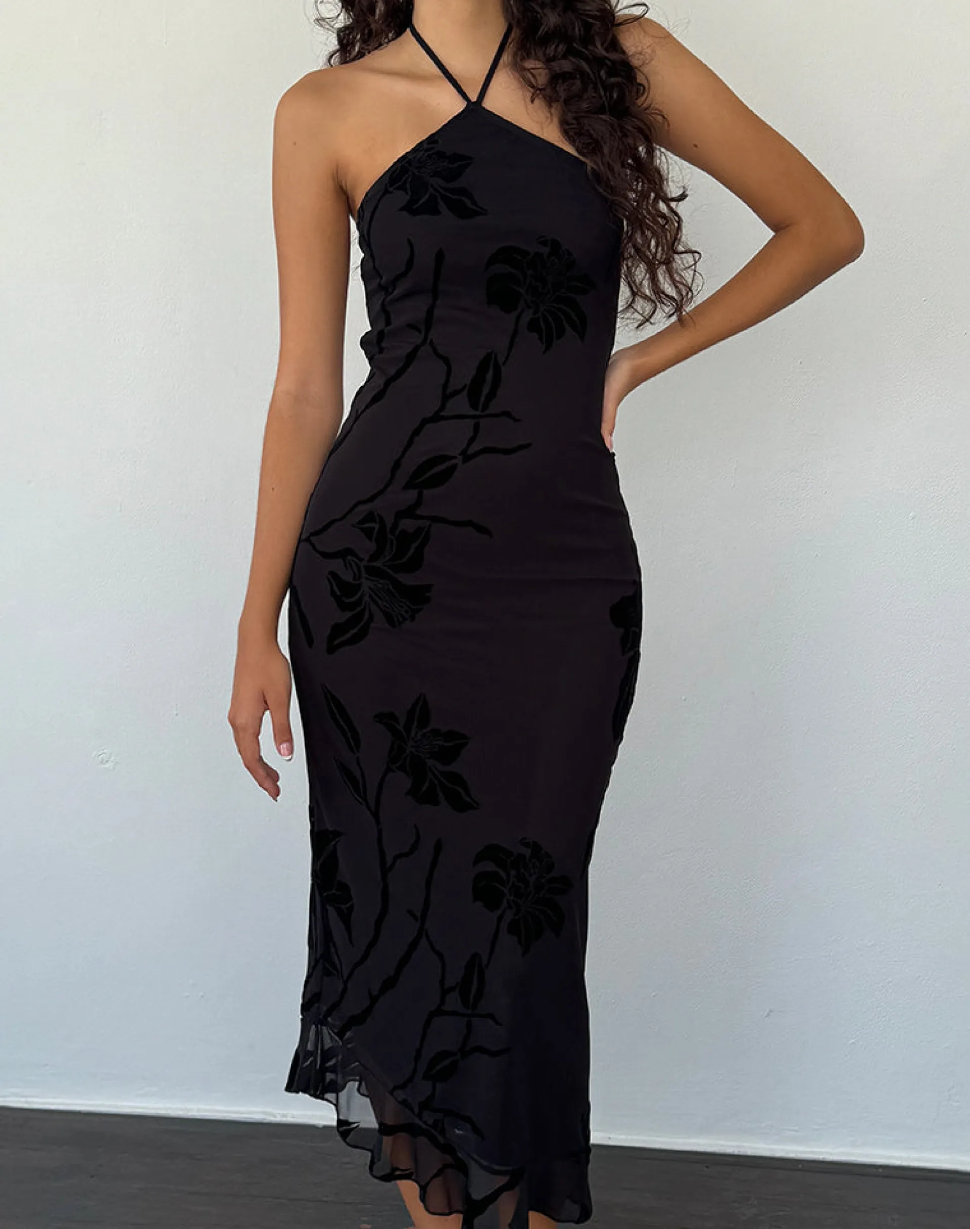 Motel Rocks Printed Dresses | Bodycon Dresses-Ribka Halterneck Midi Dress in Orchids Flock Black orchidsflockblack
