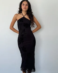 Motel Rocks Printed Dresses | Bodycon Dresses-Ribka Halterneck Midi Dress in Orchids Flock Black orchidsflockblack