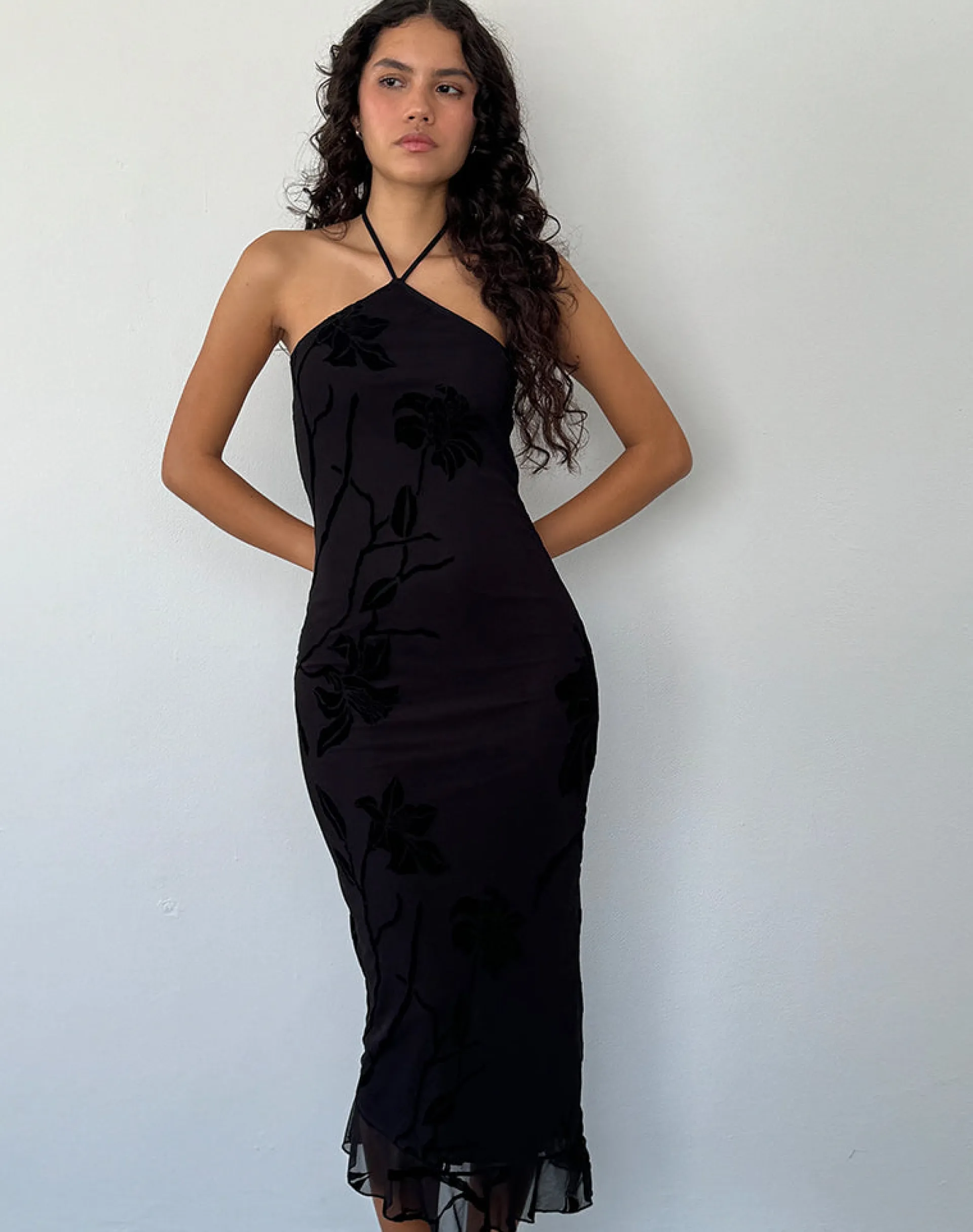 Motel Rocks Printed Dresses | Bodycon Dresses-Ribka Halterneck Midi Dress in Orchids Flock Black orchidsflockblack