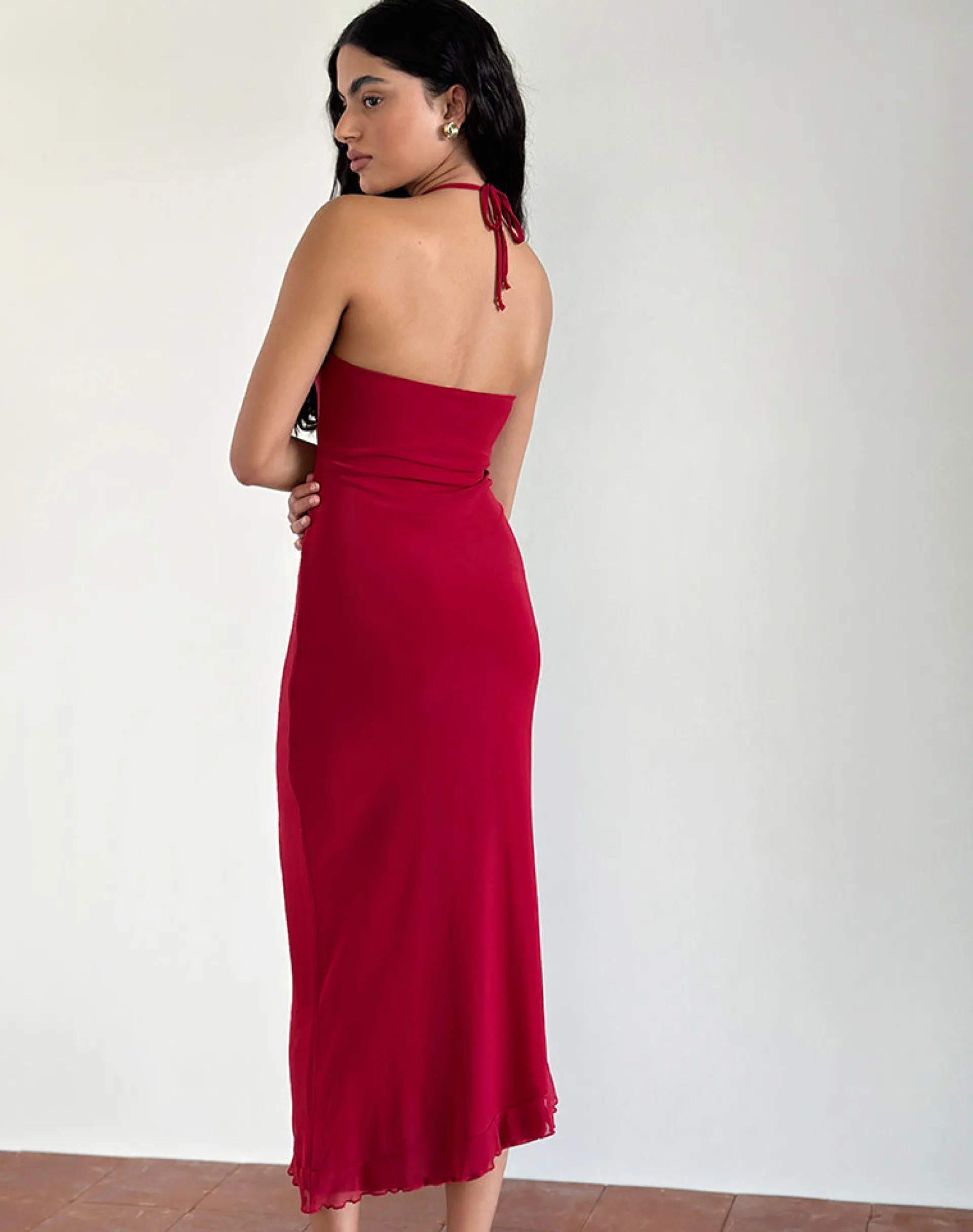 Motel Rocks Day Dresses | Bodycon Dresses-Ribka Halterneck Midi Dress in Mesh Cherry MeshCherry
