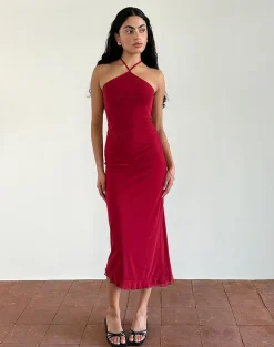 Motel Rocks Day Dresses | Bodycon Dresses-Ribka Halterneck Midi Dress in Mesh Cherry MeshCherry