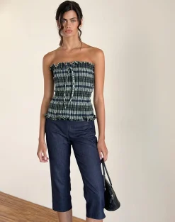 Motel Rocks Bandeau Tops-Rigia Bandeau Top in Linen Mono Check Green