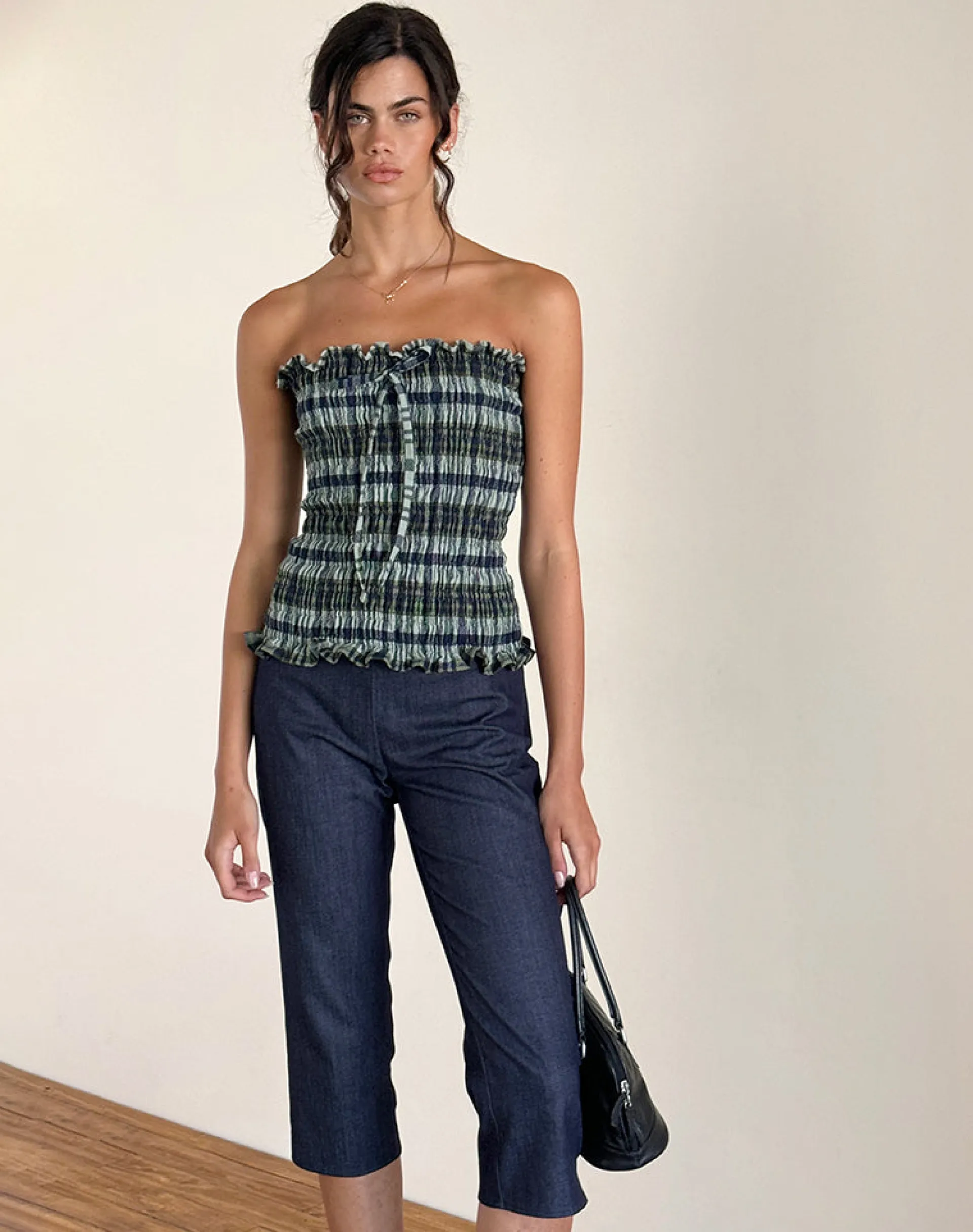 Motel Rocks Bandeau Tops-Rigia Bandeau Top in Linen Mono Check Green