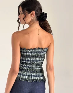 Motel Rocks Bandeau Tops-Rigia Bandeau Top in Linen Mono Check Green