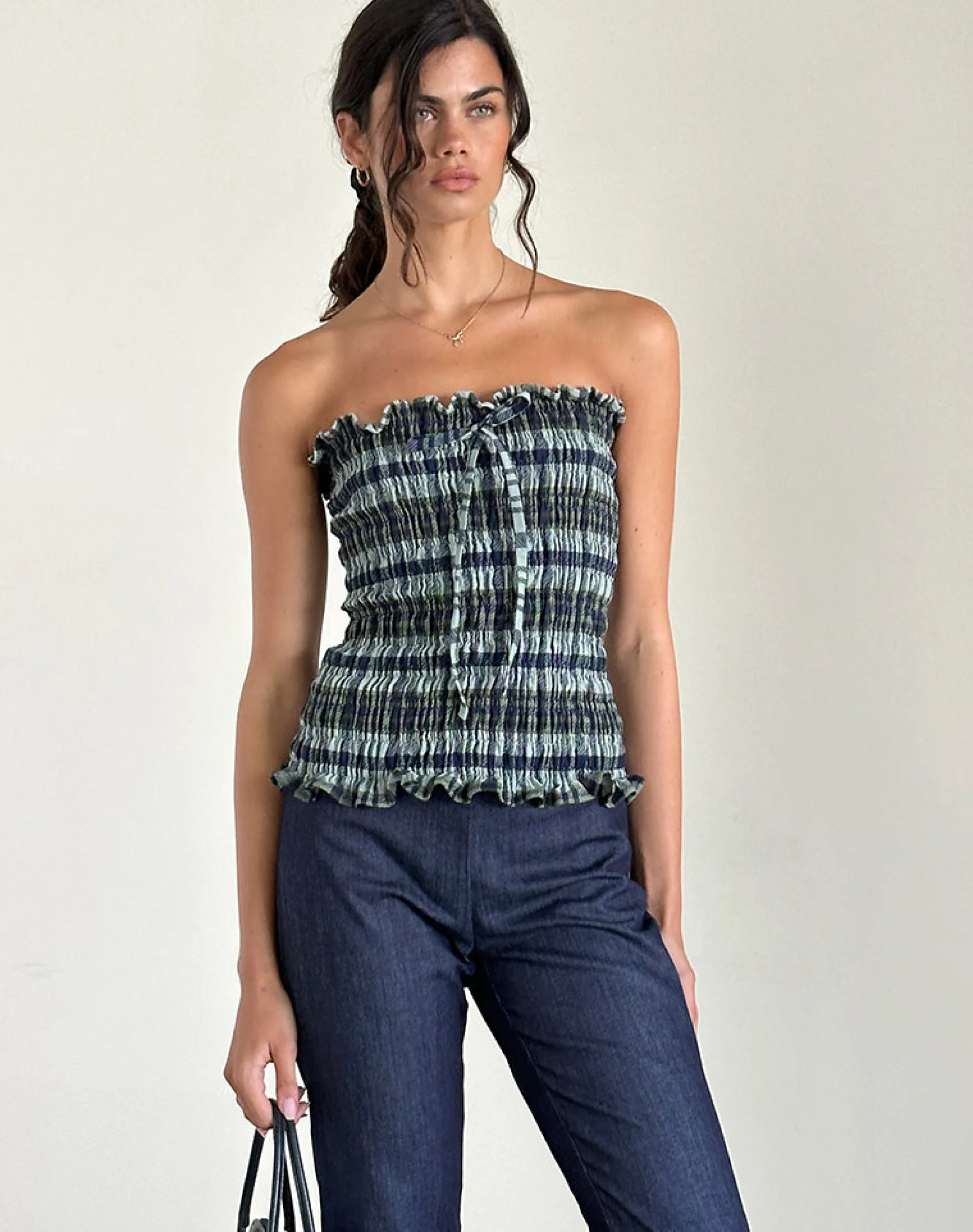 Motel Rocks Bandeau Tops-Rigia Bandeau Top in Linen Mono Check Green
