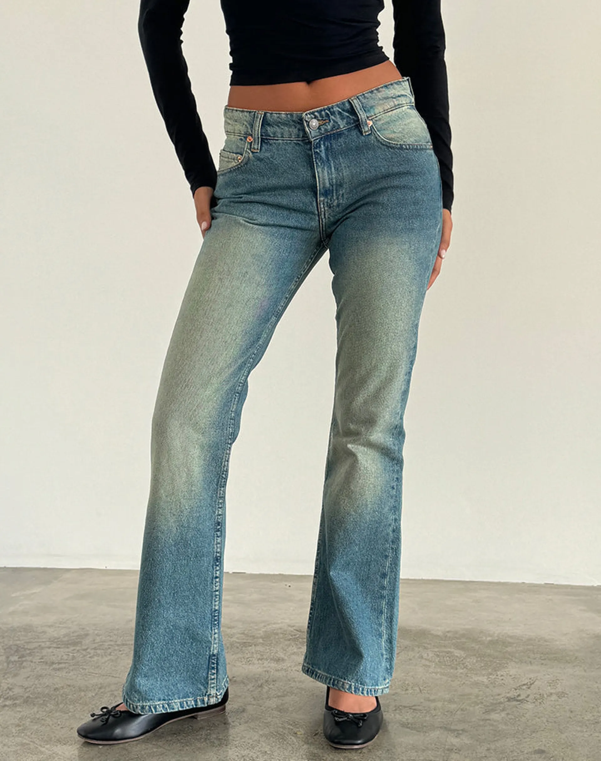 Motel Rocks Jeans | Flared Jeans-Rigid Low Rise Flare Jeans in Sea Green seagreen