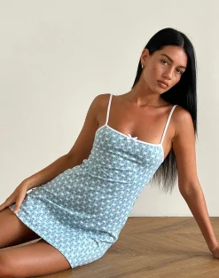 Motel Rocks Printed Dresses | Day Dresses-Riniko Mini Dress in Powder Blue XO Heart Print with White Binding PowderBlueXOHeartPrintwithWhiteBinding