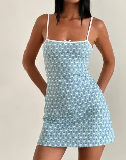 Motel Rocks Printed Dresses | Day Dresses-Riniko Mini Dress in Powder Blue XO Heart Print with White Binding PowderBlueXOHeartPrintwithWhiteBinding