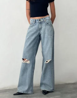 Motel Rocks Wide Leg Pants | Low Rise Pants-Ripped Roomy Extra Wide Low Rise Jean in Vintage Blue Wash VintageBlueWash