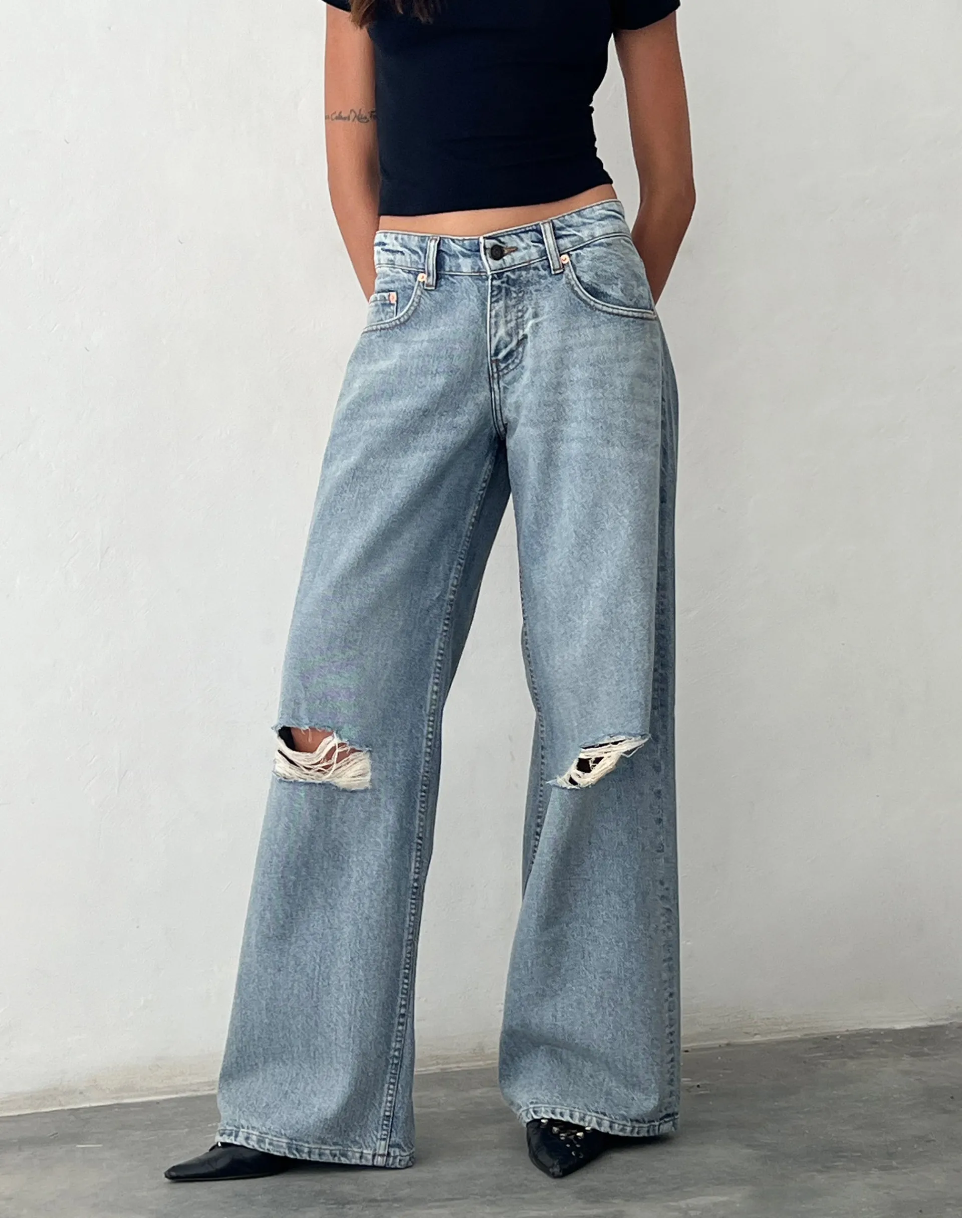 Motel Rocks Wide Leg Pants | Low Rise Pants-Ripped Roomy Extra Wide Low Rise Jean in Vintage Blue Wash VintageBlueWash
