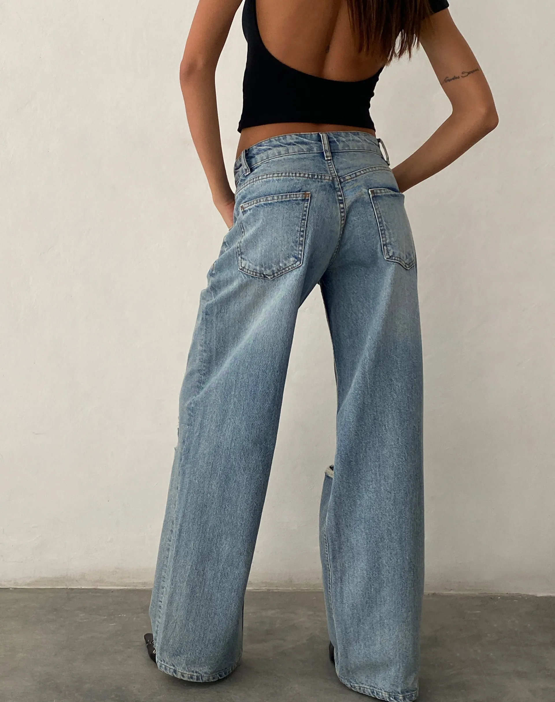 Motel Rocks Wide Leg Pants | Low Rise Pants-Ripped Roomy Extra Wide Low Rise Jean in Vintage Blue Wash VintageBlueWash