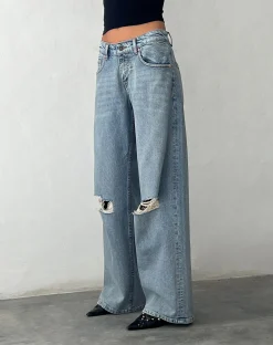 Motel Rocks Wide Leg Pants | Low Rise Pants-Ripped Roomy Extra Wide Low Rise Jean in Vintage Blue Wash VintageBlueWash