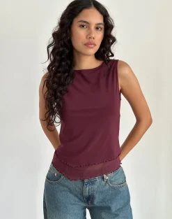 Motel Rocks Basic Tops | Going Out Tops-Rochie Asymmetric Top in Mesh Maroon MeshMaroon