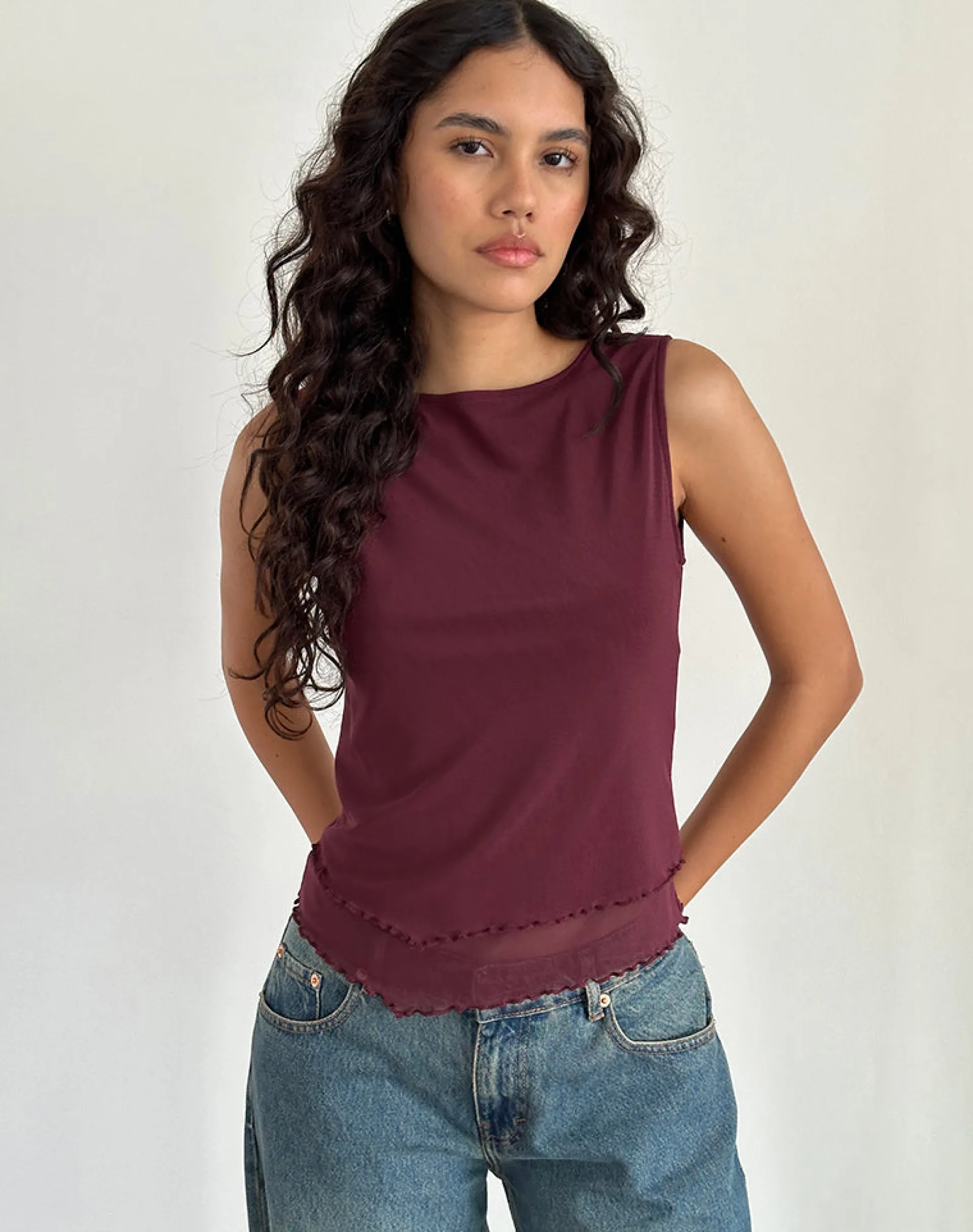 Motel Rocks Basic Tops | Going Out Tops-Rochie Asymmetric Top in Mesh Maroon MeshMaroon