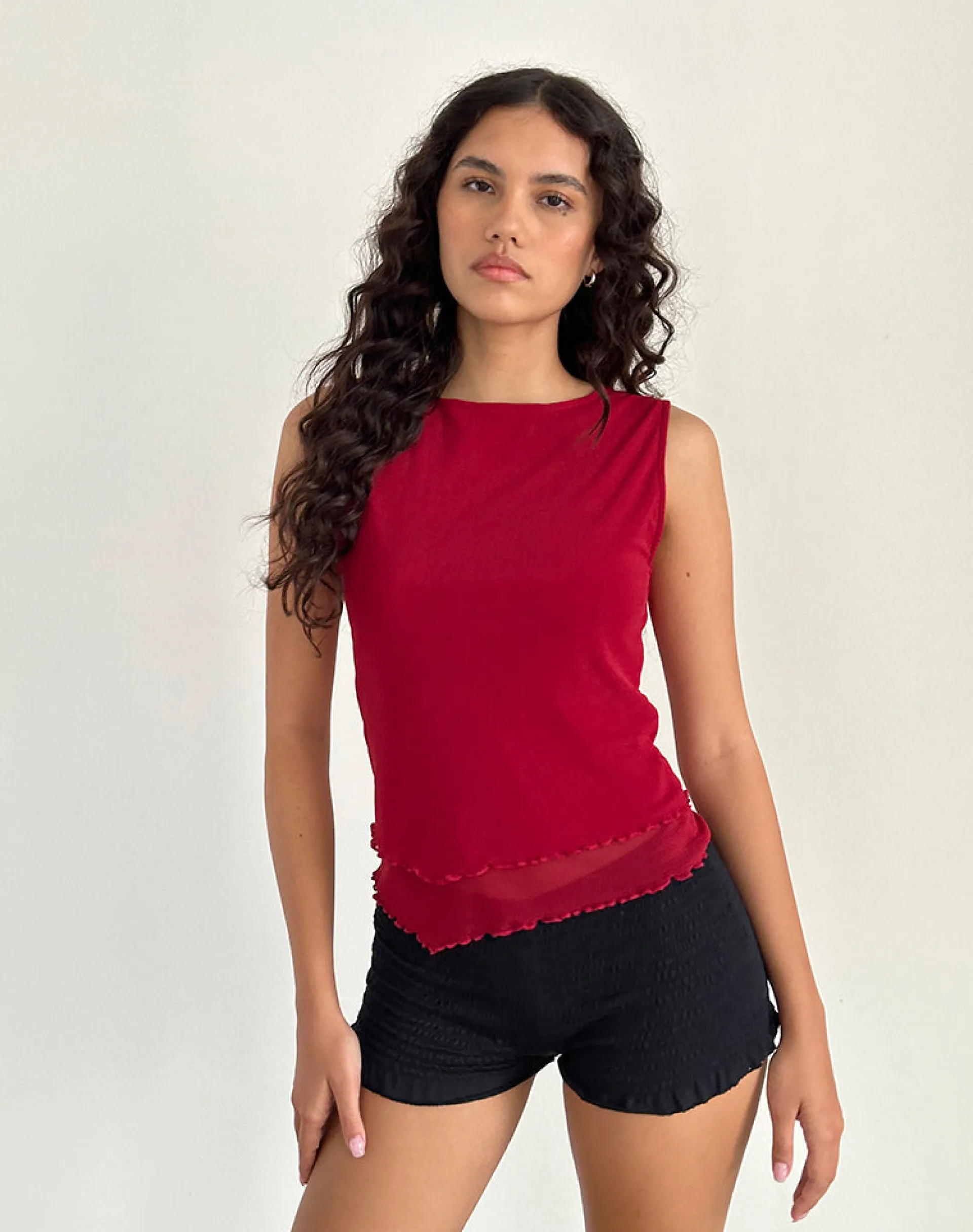 Motel Rocks Basic Tops | Going Out Tops-Rochie Asymmetric Top in Mesh Cherry MeshCherry