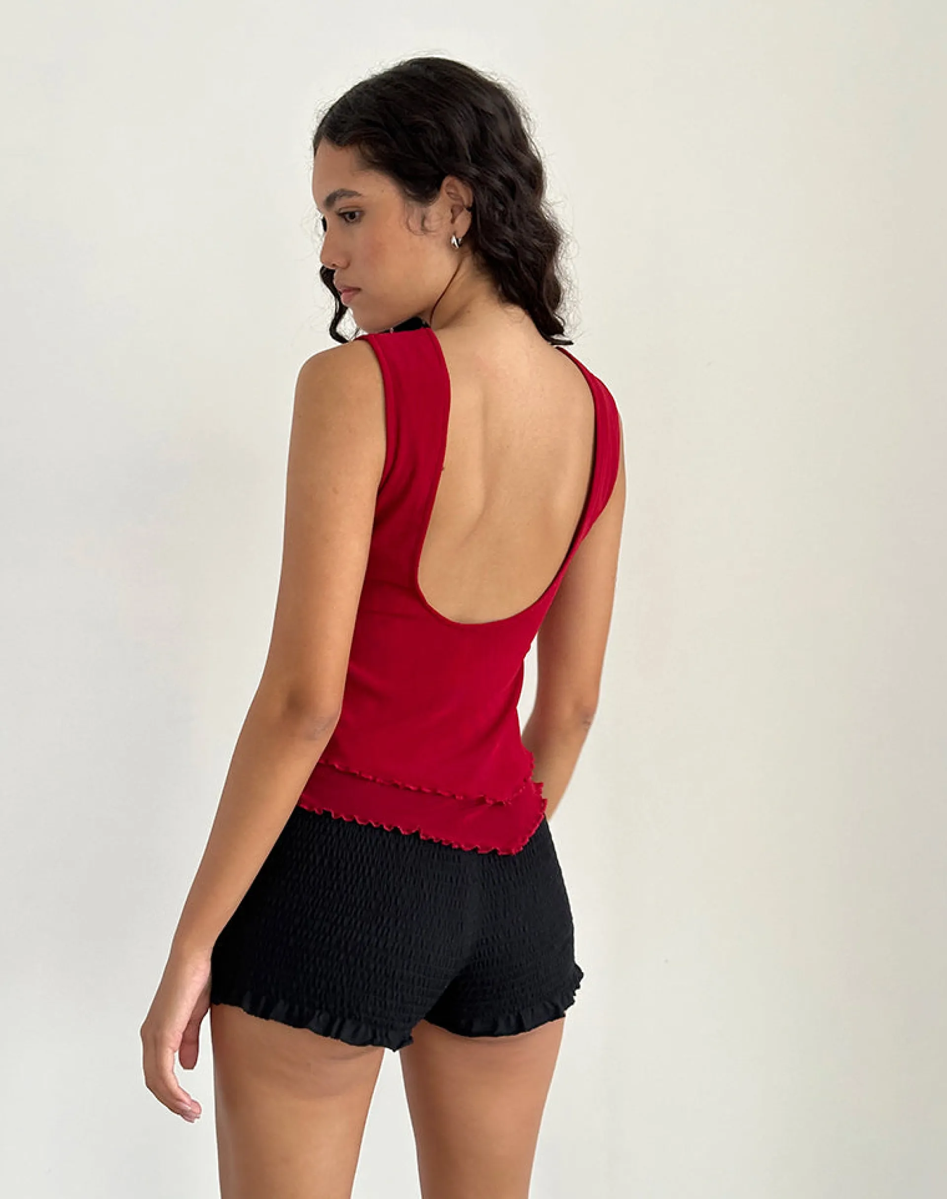 Motel Rocks Basic Tops | Going Out Tops-Rochie Asymmetric Top in Mesh Cherry MeshCherry