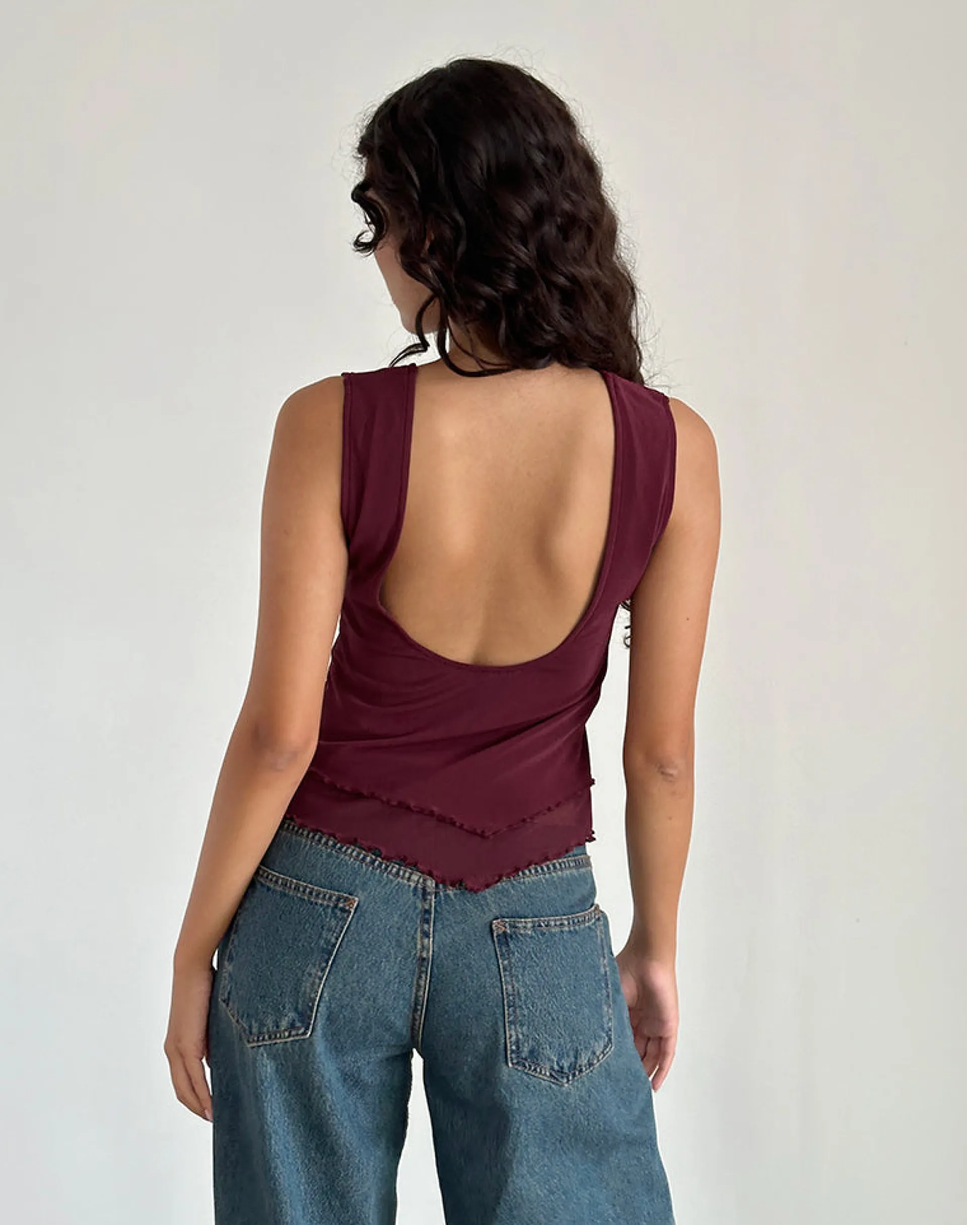 Motel Rocks Basic Tops | Going Out Tops-Rochie Asymmetric Top in Mesh Maroon MeshMaroon