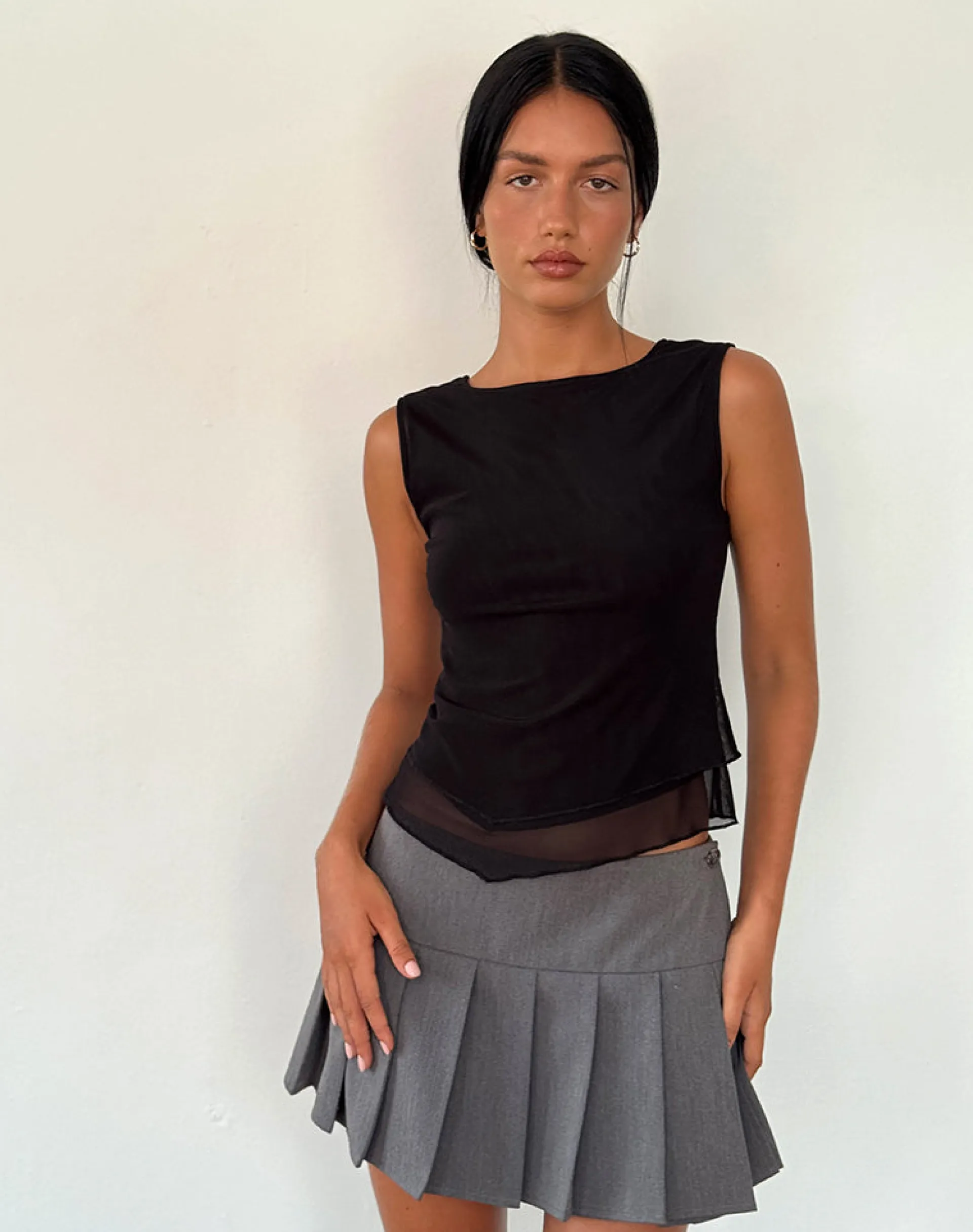 Motel Rocks Basic Tops | Vest Tops-Rochie Asymmetric Top in Mesh Black MeshBlack