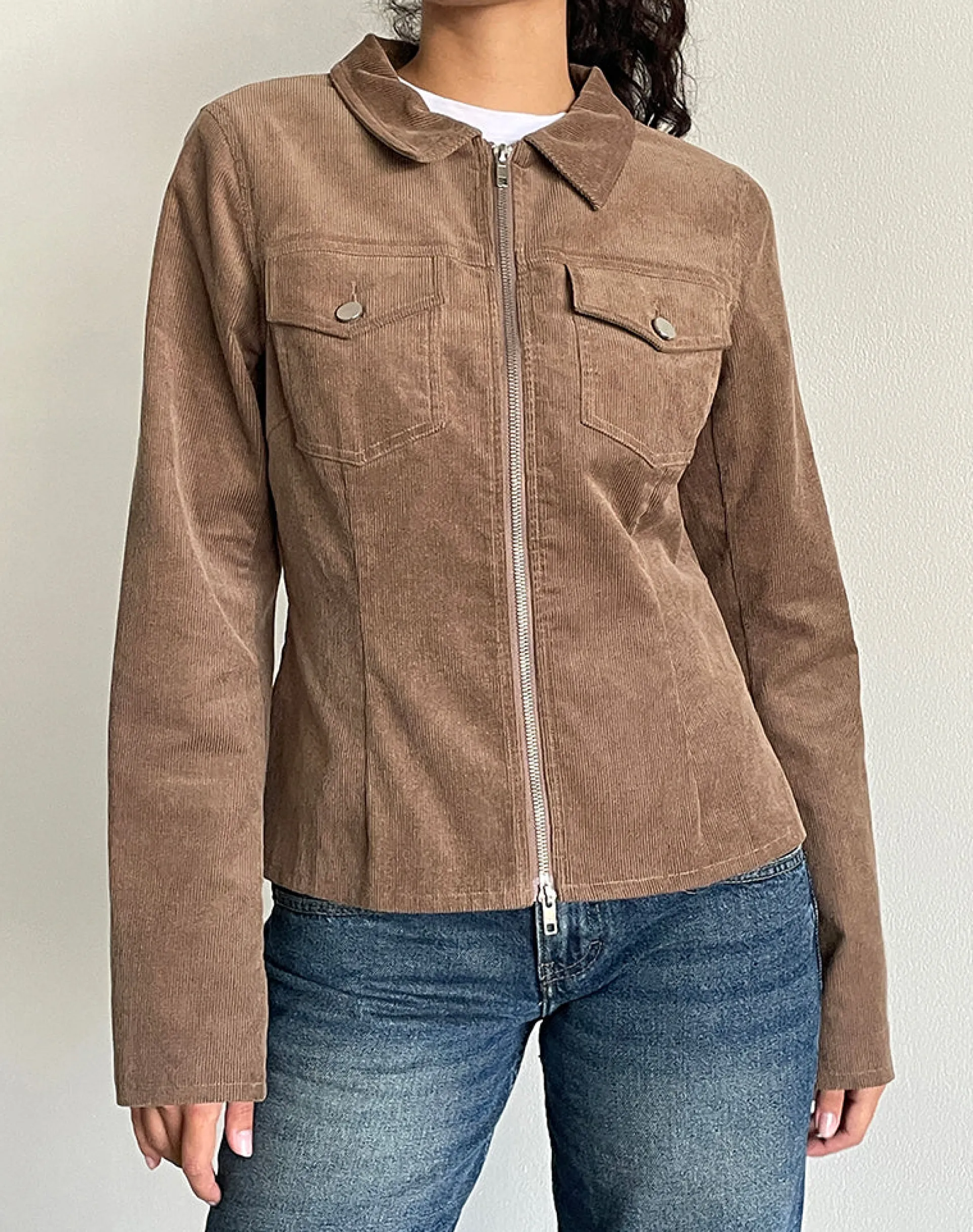 Motel Rocks Co-Ords | Jackets-Rohana Fitted Jacket in Baby Cord Walnut Brown