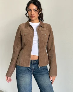 Motel Rocks Co-Ords | Jackets-Rohana Fitted Jacket in Baby Cord Walnut Brown