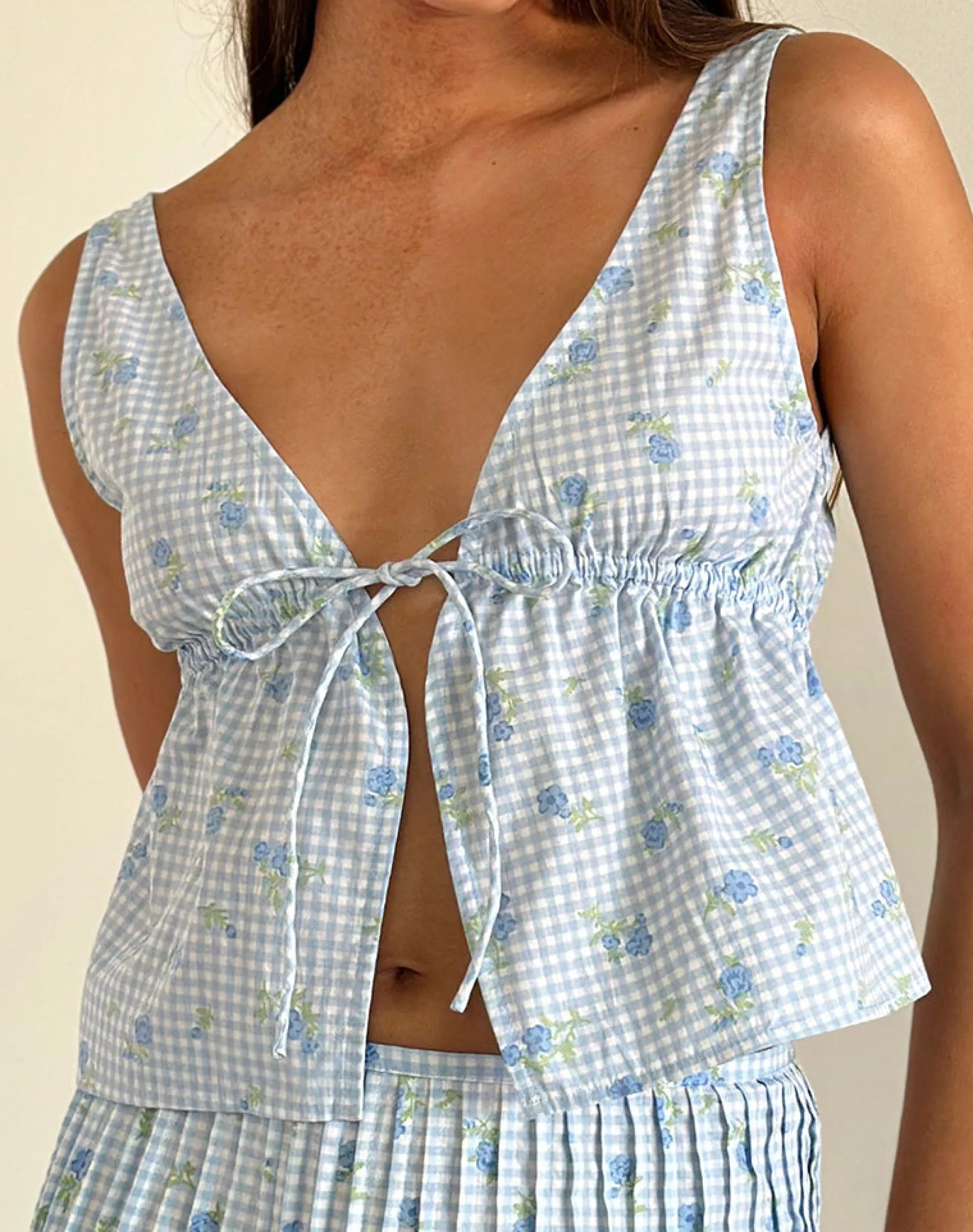Motel Rocks Strappy Tops-Rolia Cami Top in Blue Flower Gingham BlueFlowerGingham