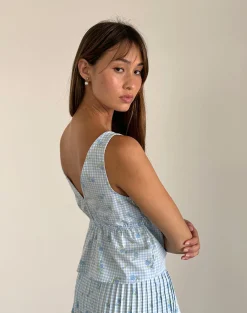 Motel Rocks Strappy Tops-Rolia Cami Top in Blue Flower Gingham BlueFlowerGingham