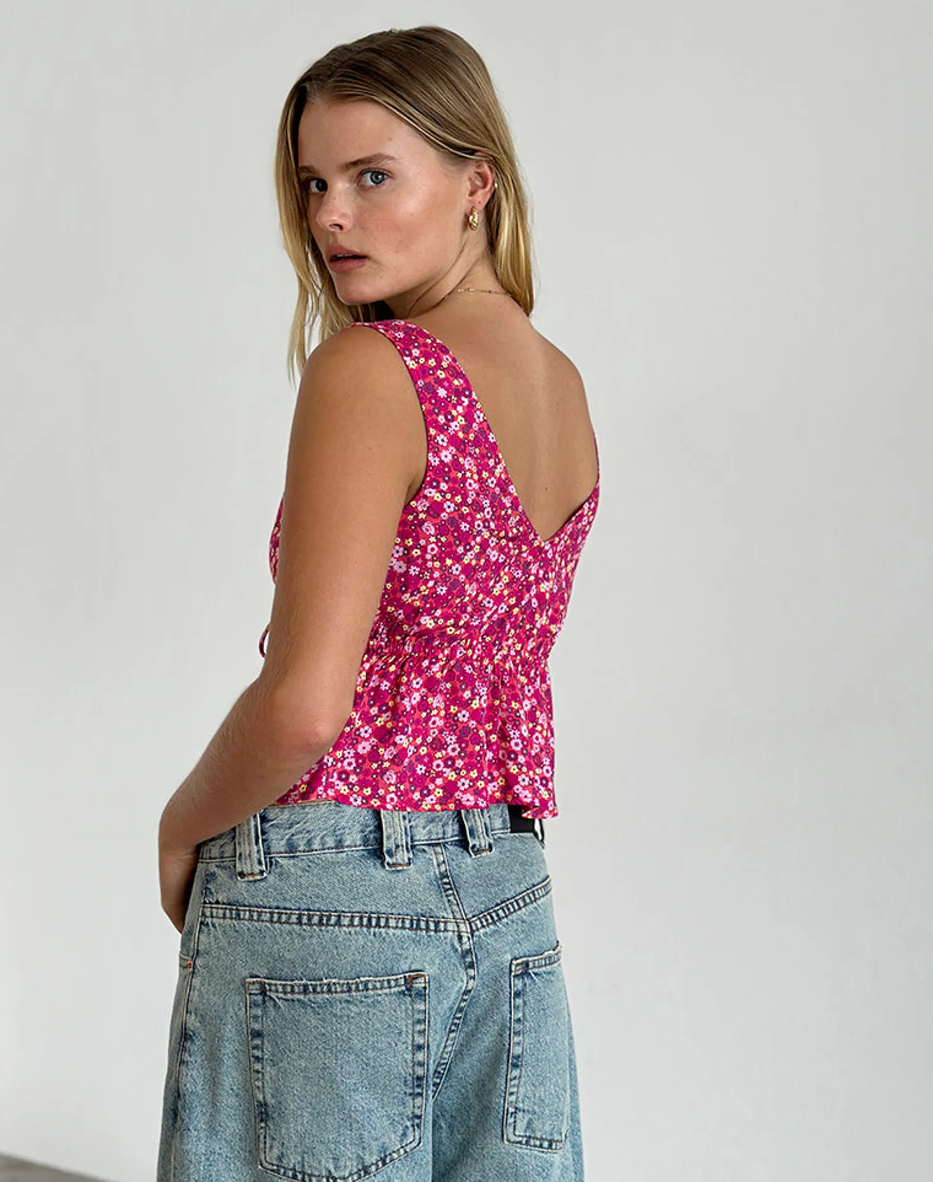 Motel Rocks Printed Tops | Strappy Tops-Rolia Cami Top in Ditsy Floral Pink DitsyFloralPink