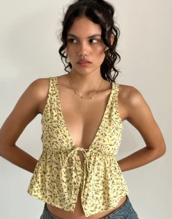 Motel Rocks Co-Ords | Printed Tops-Rolia Tie Front Top in Flowing Flower Yellow FlowingFlowerYellow