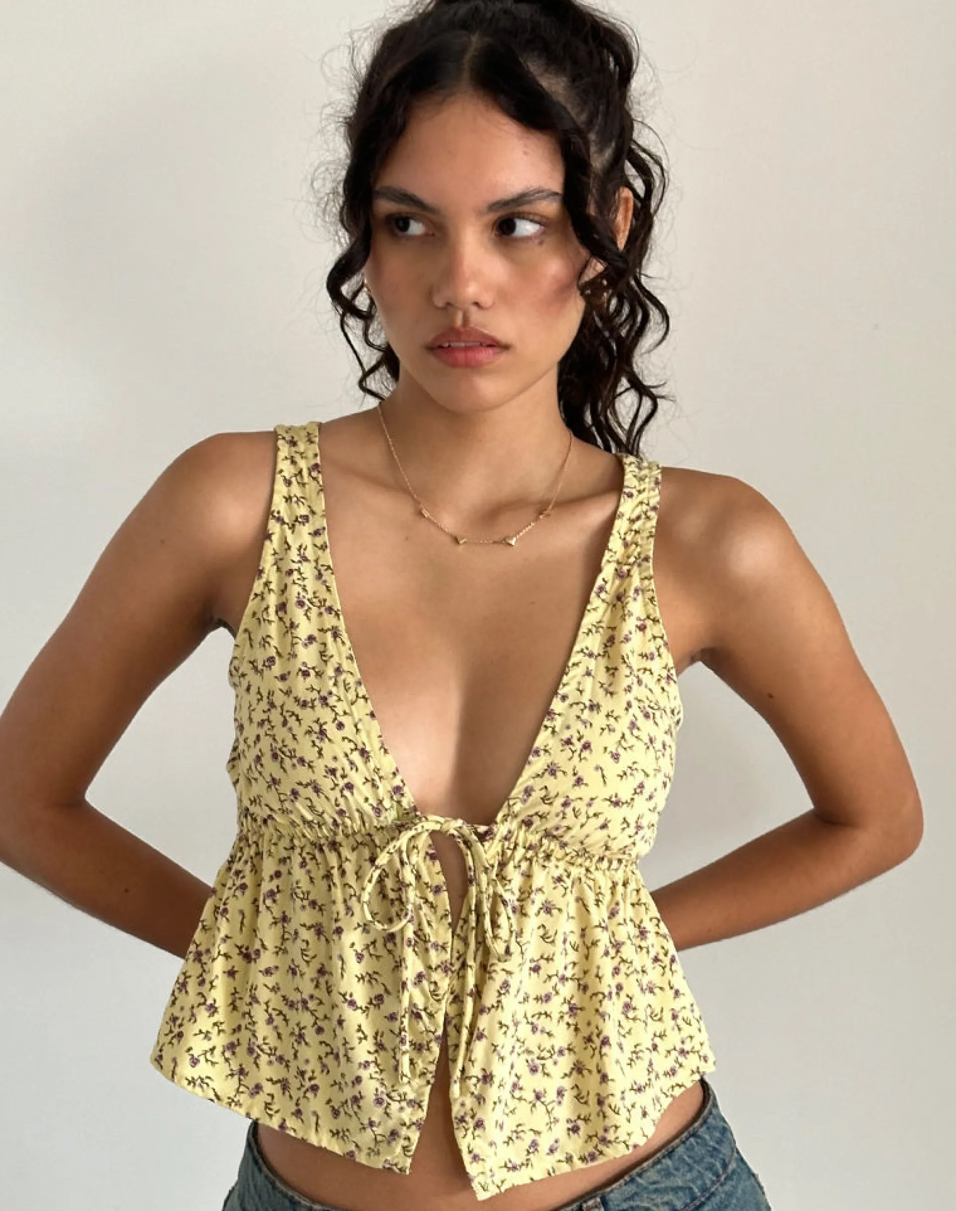 Motel Rocks Co-Ords | Printed Tops-Rolia Tie Front Top in Flowing Flower Yellow FlowingFlowerYellow