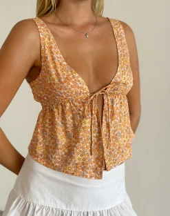 Motel Rocks Shirts And Blouses | Printed Tops-Rolia Tie Front Top in Flower Garden Yellow FlowerGardenYellow