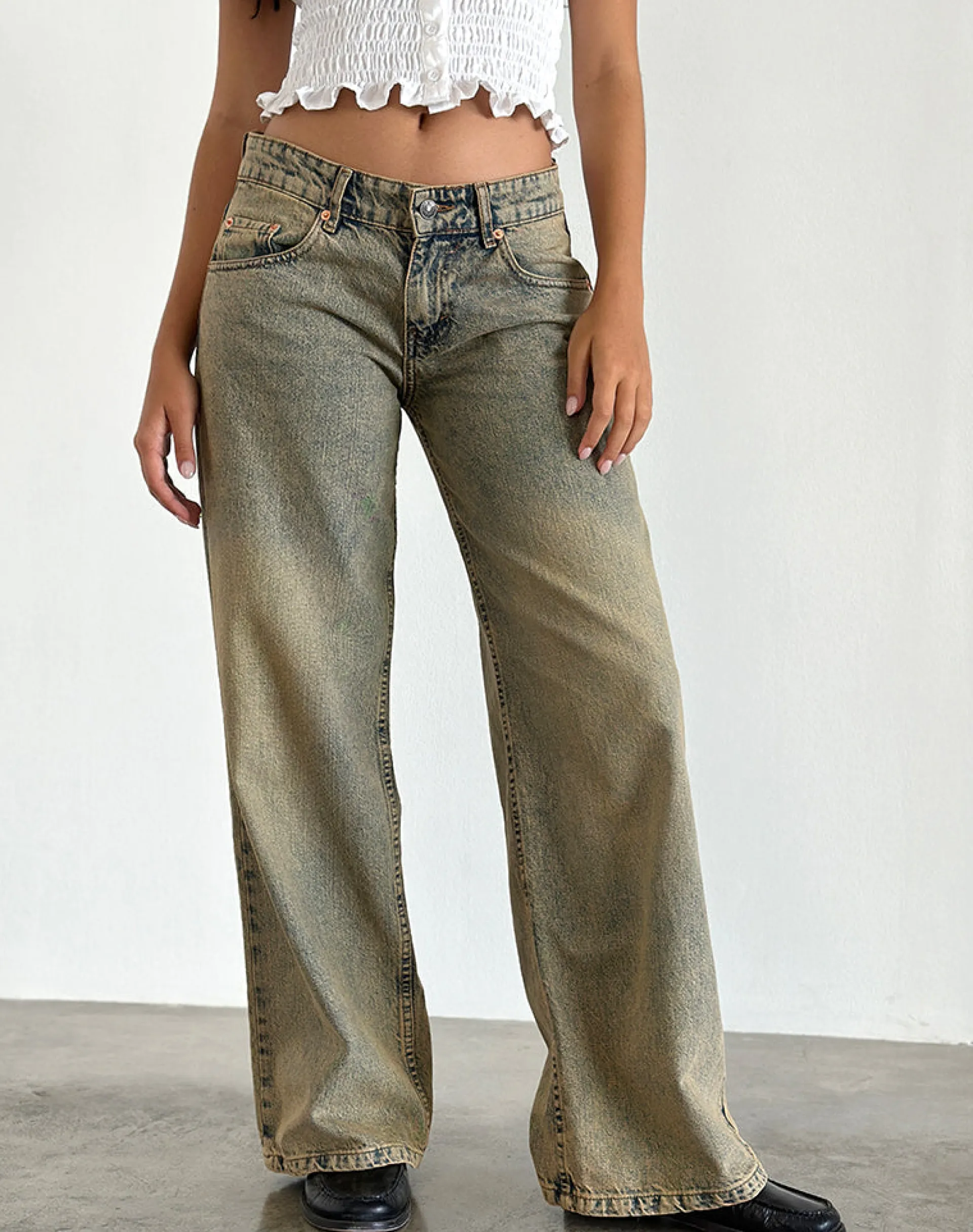 Motel Rocks Basics | Low Rise Pants-Roomy Extra Wide Leg Low Rise Jeans in Sandy Blue Acid SandyBlueAcid