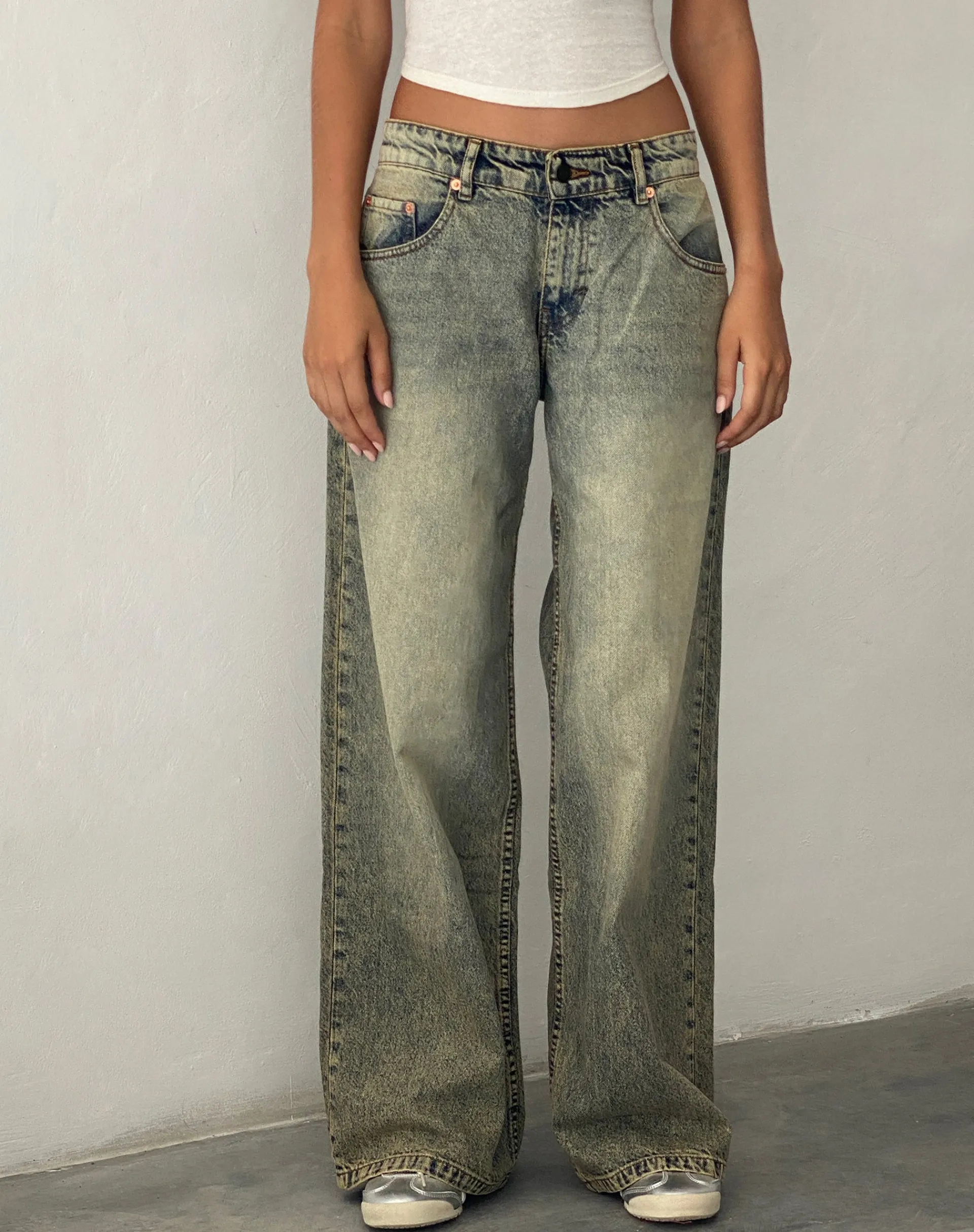 Motel Rocks Low Rise Pants | Jeans-Roomy Extra Wide Low Rise Jeans in Sand Wash Blue BlueSandWash