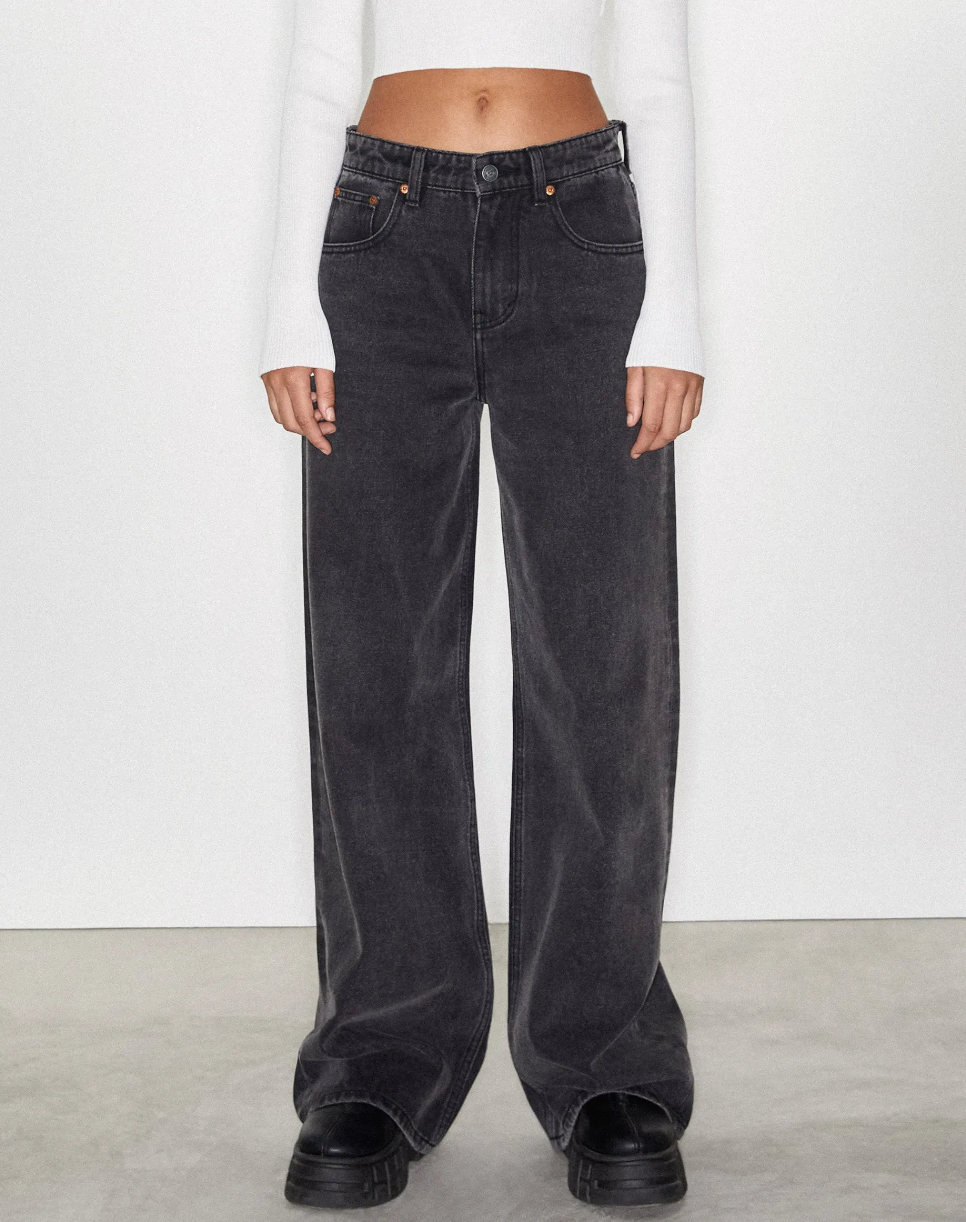Motel Rocks Low Rise Pants-Roomy Extra Wide Low Rise Jeans in Black Wash BlackWash