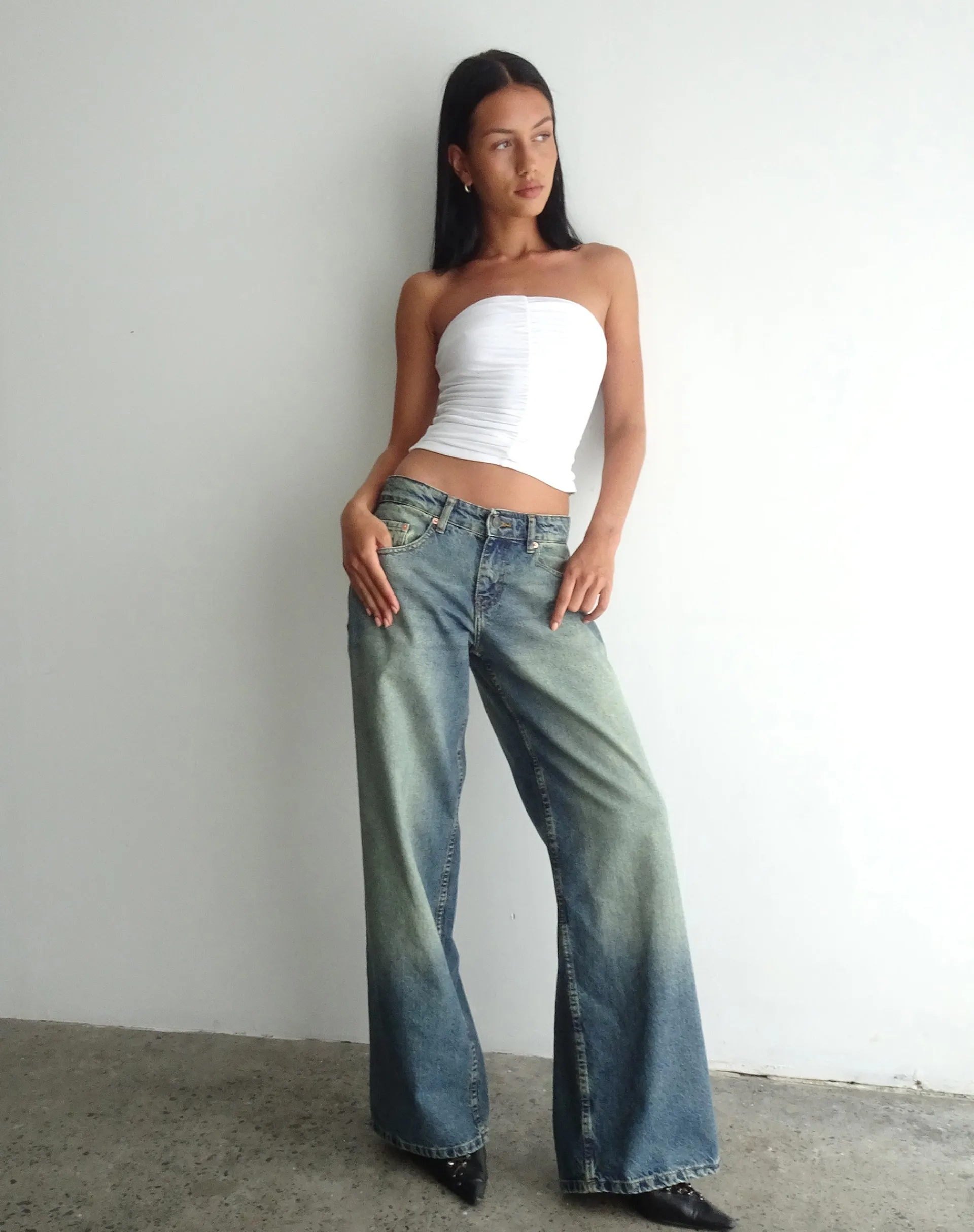 Motel Rocks Wide Leg Pants | Low Rise Pants-Roomy Extra Wide Low Rise Jeans in Extreme Blue Green ExtremeBlueGreen