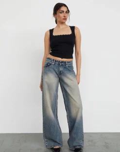 Motel Rocks Jeans | Roomy Jeans-Roomy Extra Wide Low Rise Jeans in Dirty Blue DirtyBlue