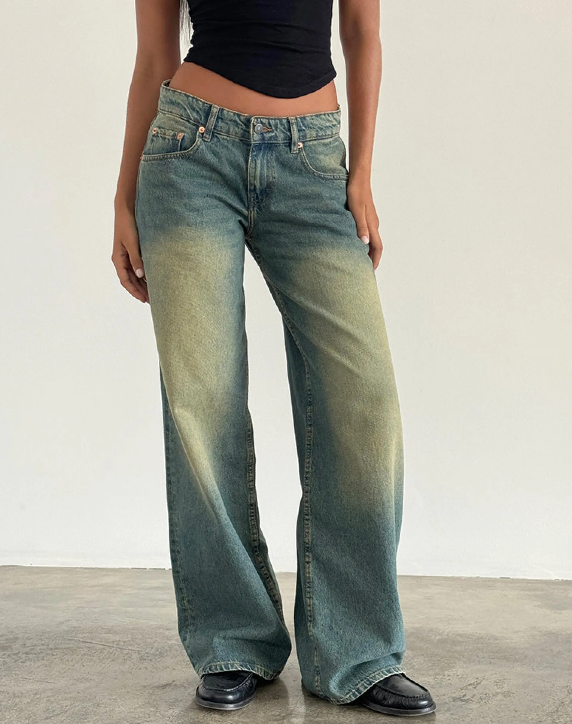 Motel Rocks Jeans | Roomy Jeans-Roomy Extra Wide Low Rise Jeans in Mid Used Green midusedgreen