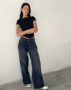Motel Rocks Wide Leg Pants | Low Rise Pants-Roomy Extra Wide Low Rise Jeans in Washed Black Grey WashedBlackGrey