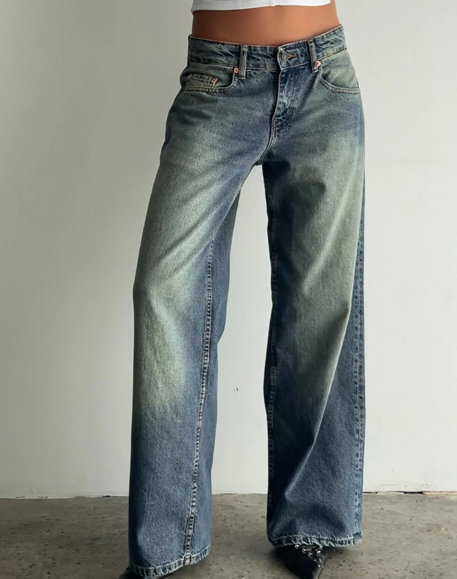 Motel Rocks Wide Leg Pants | Low Rise Pants-Roomy Extra Wide Low Rise Jeans in Extreme Blue Green ExtremeBlueGreen
