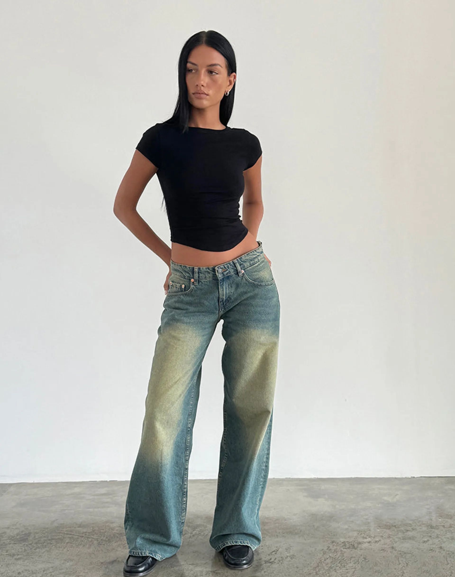 Motel Rocks Jeans | Roomy Jeans-Roomy Extra Wide Low Rise Jeans in Mid Used Green midusedgreen