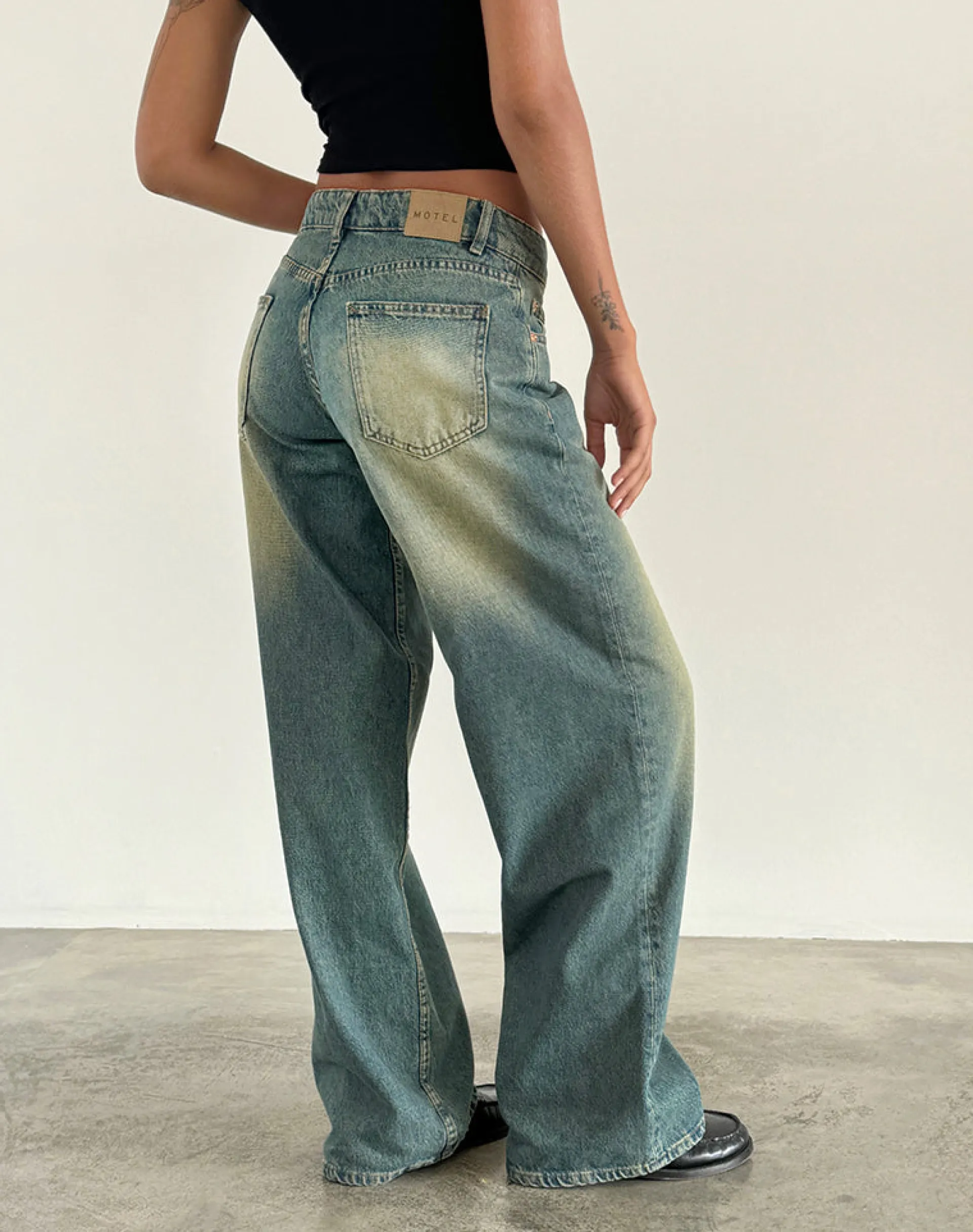 Motel Rocks Jeans | Roomy Jeans-Roomy Extra Wide Low Rise Jeans in Mid Used Green midusedgreen