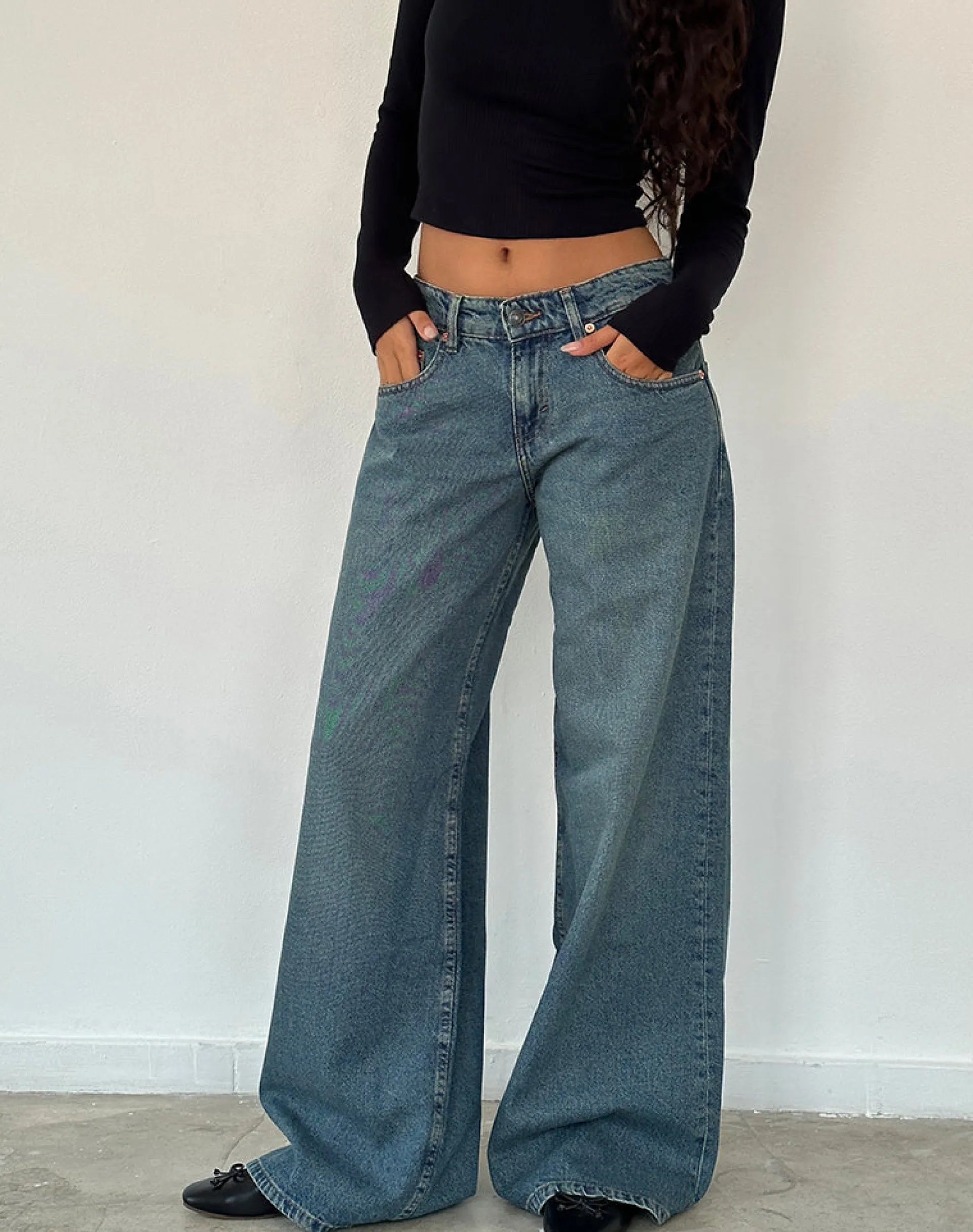 Motel Rocks Jeans-Roomy Oversized Low Rise Jeans in Vintage Blue Green VintageBlueGreen