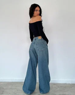 Motel Rocks Jeans-Roomy Oversized Low Rise Jeans in Vintage Blue Green VintageBlueGreen