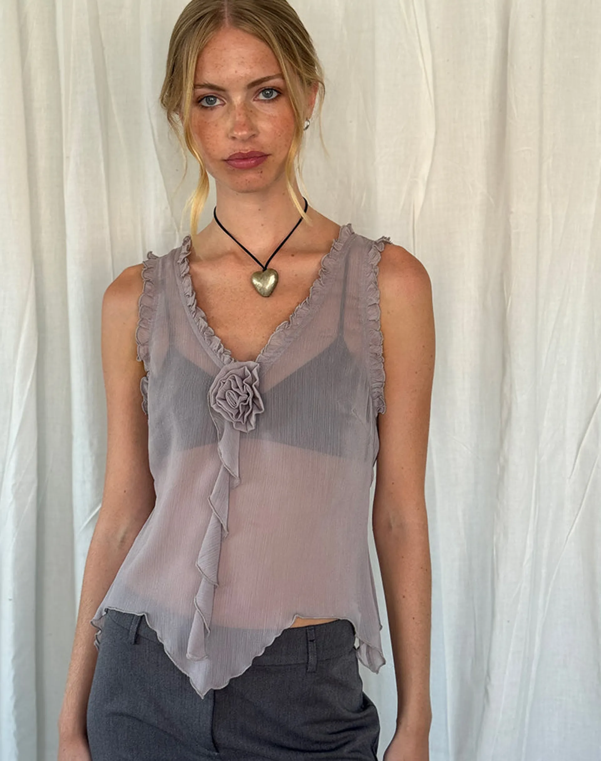 Motel Rocks Vest Tops-Rosalinda Top in Chiffon Lilac Grey