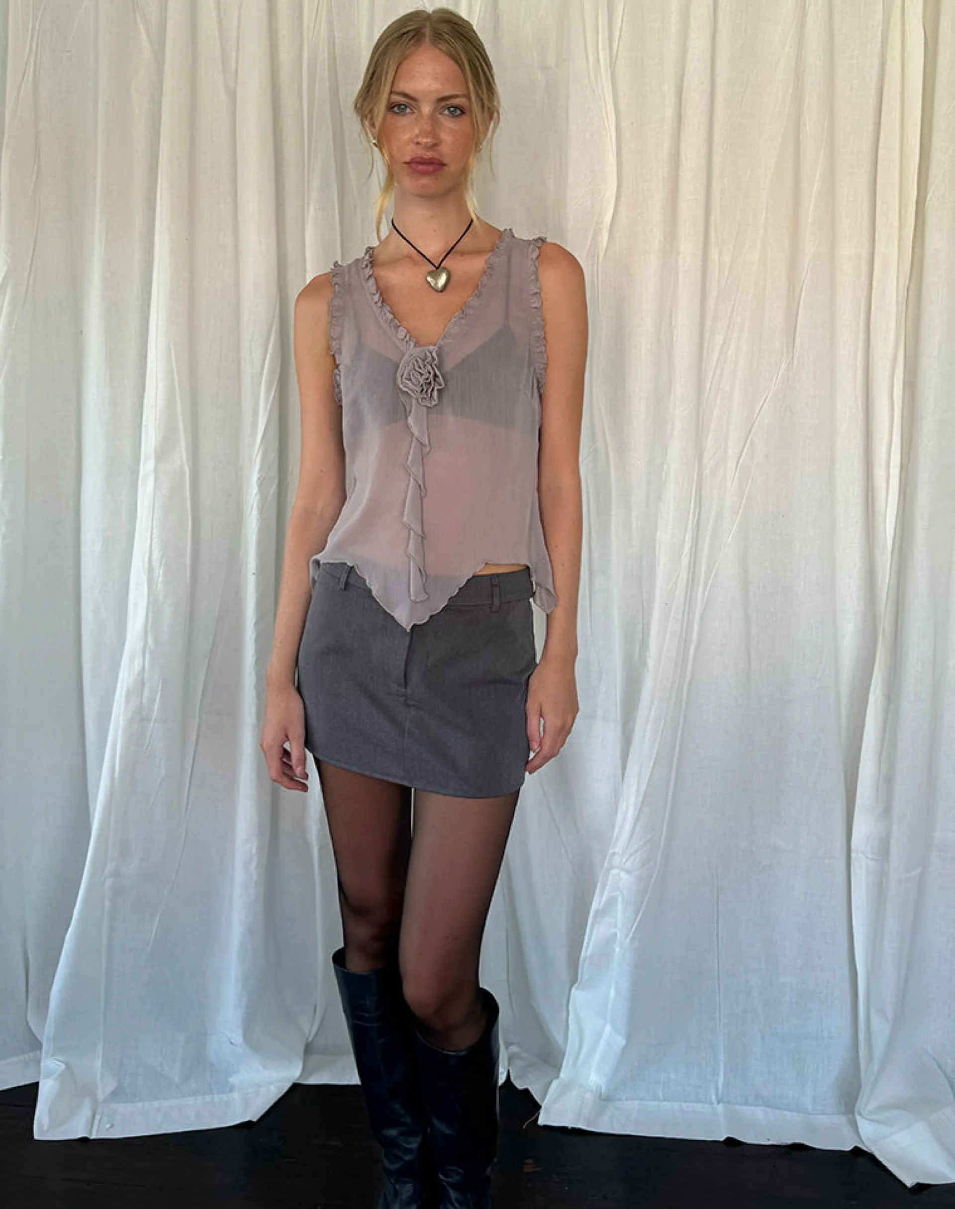 Motel Rocks Vest Tops-Rosalinda Top in Chiffon Lilac Grey