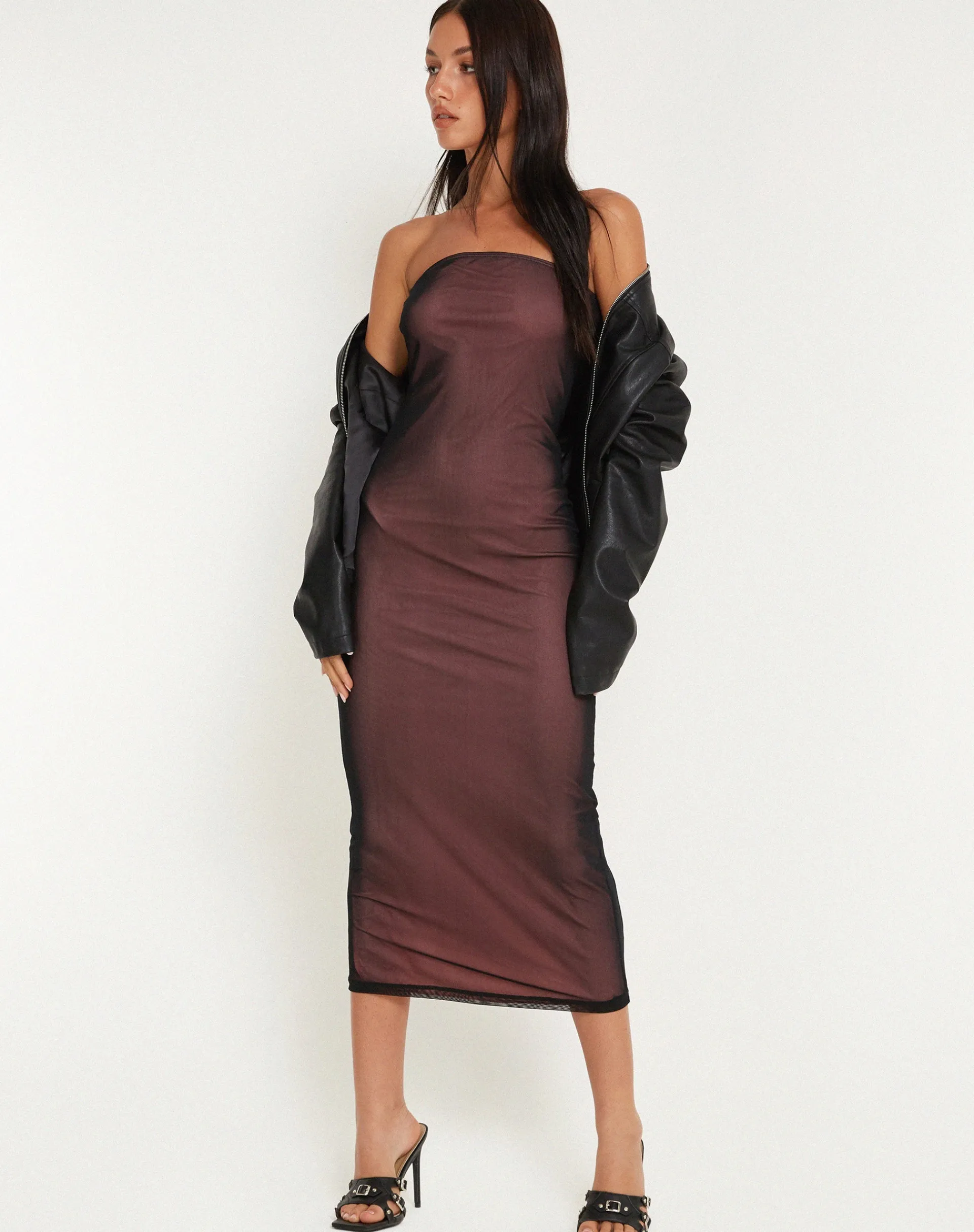 Motel Rocks Party Dresses | Midi Dresses-Rosbandi Bandeau Midi Dress in Black Pink Lining BlackWithPinkLining