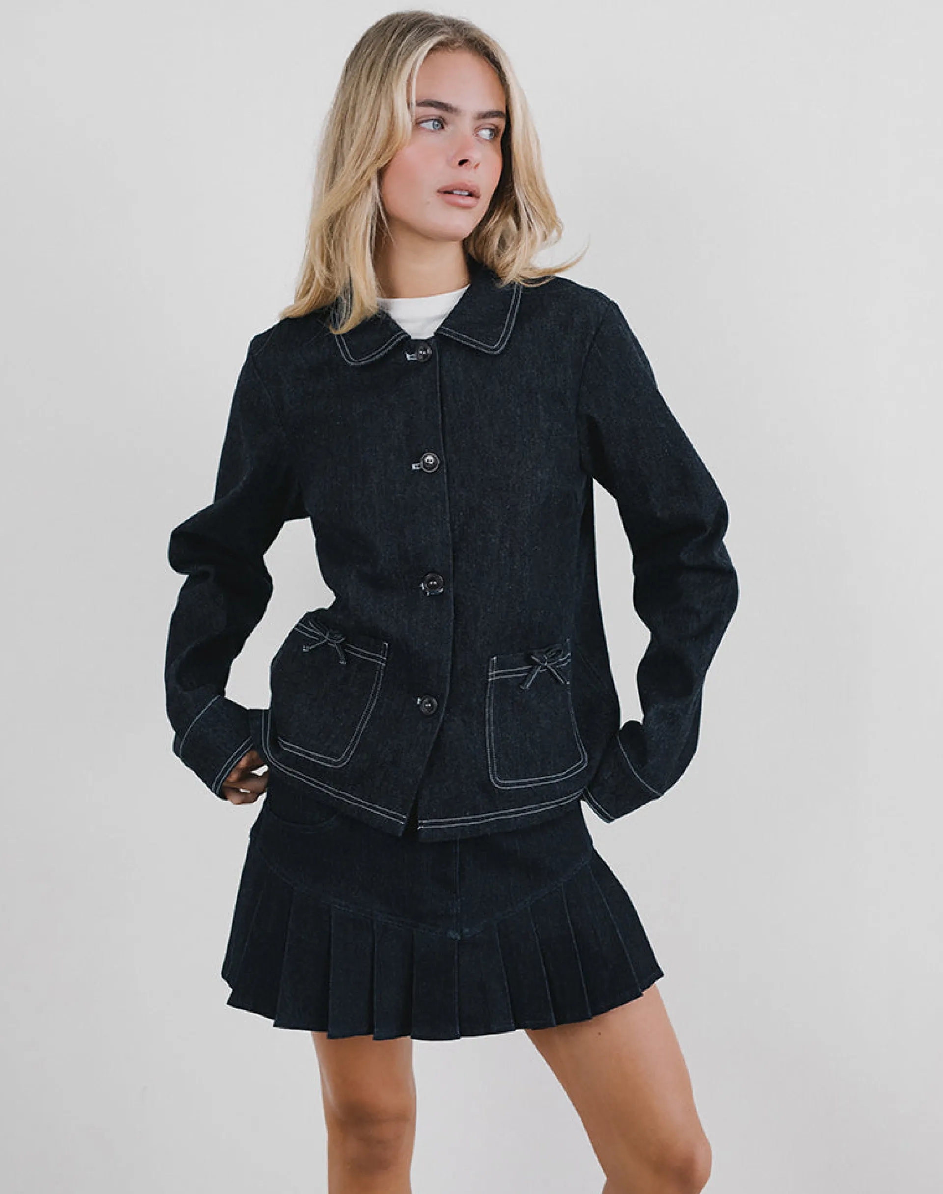 Motel Rocks Jackets-Rosdi Bow Embellished Jacket in Dark Indigo