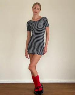 Motel Rocks Printed Dresses | Day Dresses-Roswitha Mini Dress in Navy with White Stripe